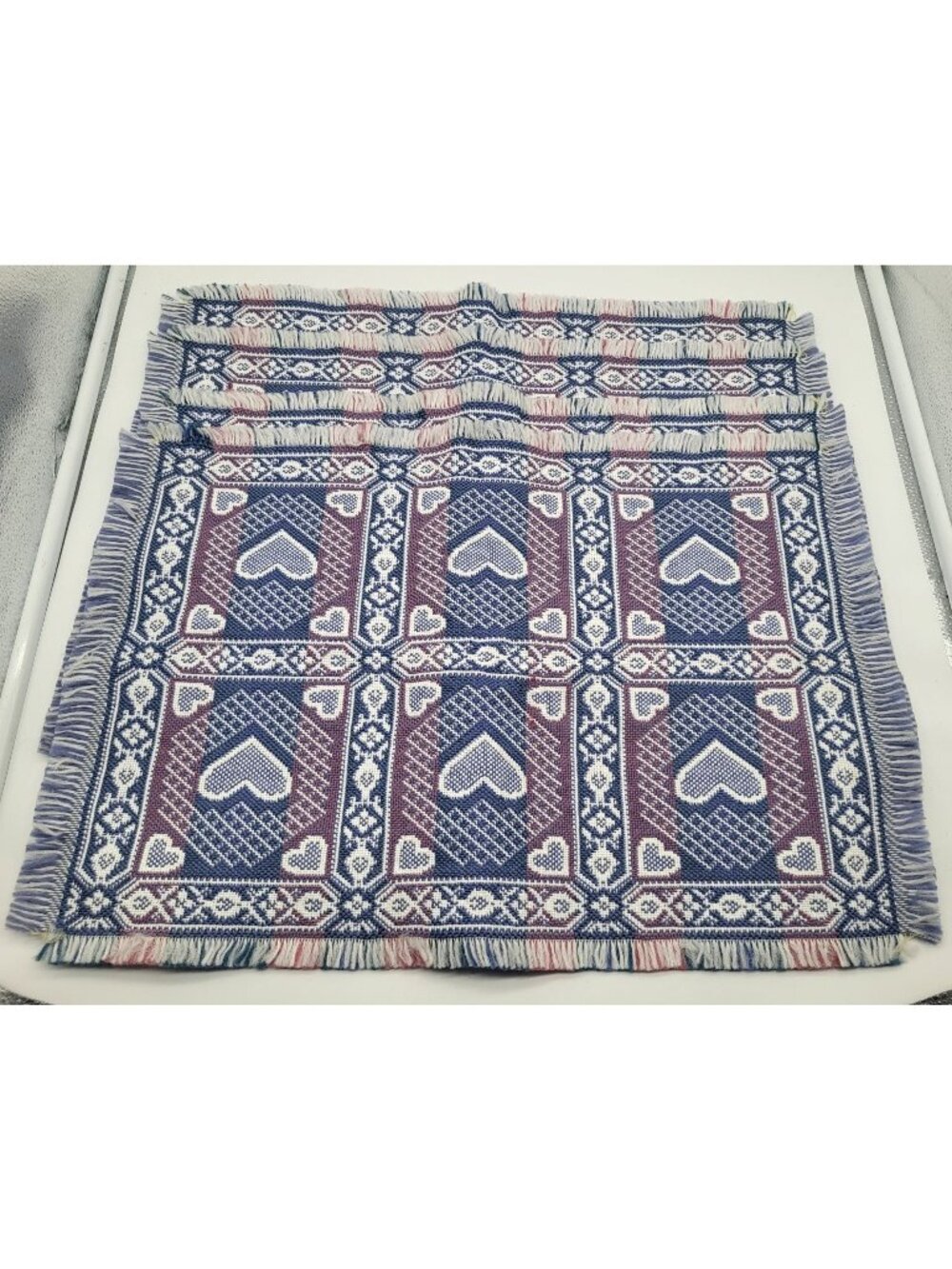 Vintage Country Hearts Placemats x 4 Blue Pink Cottagecore Woven Tapestry